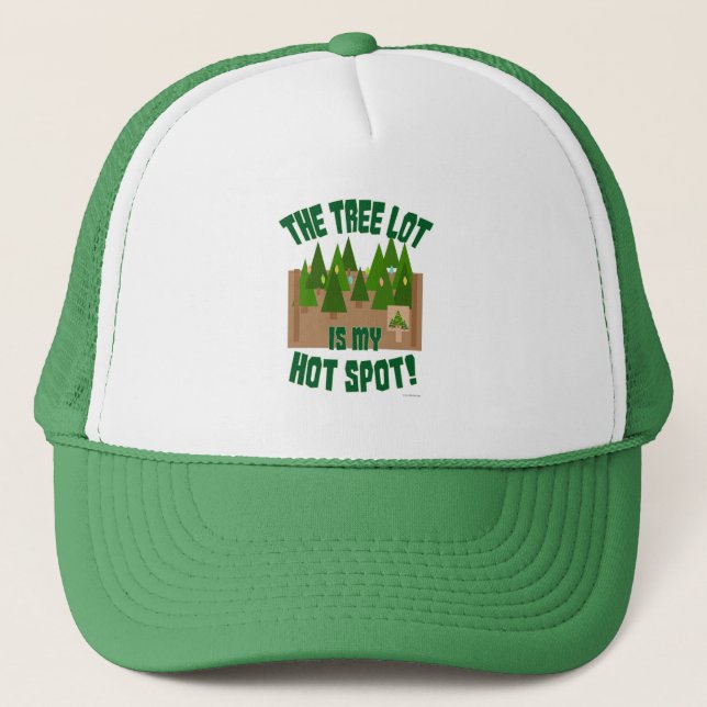 Tree Lot Is My Hot Spot Holiday Fun Cartoon Trucker Hat (Front)