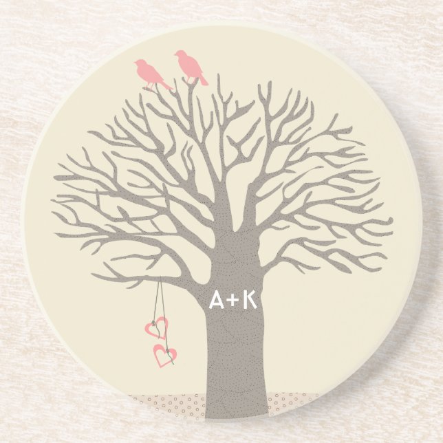 Tree Love Birds Love Initials Custom Coaster (Front)