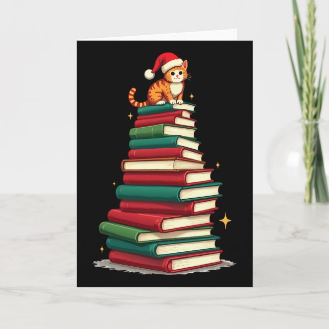 Tree Love Reading Books Cat Librarian Funny Christ Card (Front)