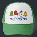 Tree Mitten Snowman Bell Merry Christmas Cookie Trucker Hat<br><div class="desc">Features an original marker illustration of a classic assortment of Christmas sugar cookies,  with MERRY CHRISTMAS in a fun font. Perfect for Christmas!
This design is also available on other products. Don't see what you're looking for? Need help with customisation? Contact Rebecca to have something designed just for you.</div>