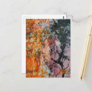 Tree Mixed Media Collage Pink Orange Blue Black Postcard