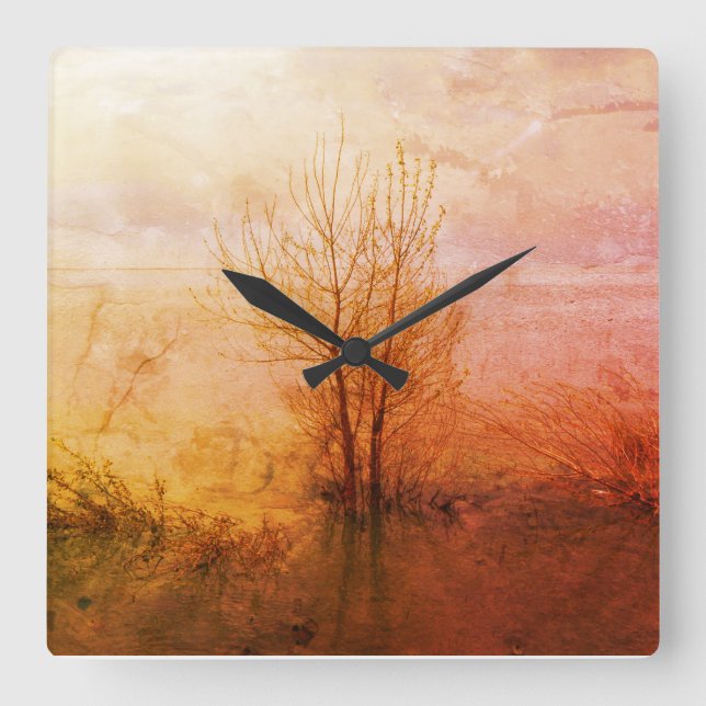Tree Nature Rustic Worn Weathered Square Wall Clock (Front)