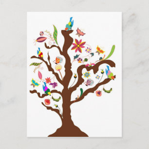 Tree of flowers and birds postcard