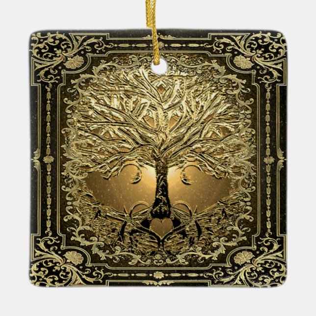 Tree of Gold Inner Light with Heart Roots Ceramic Ornament (Front)