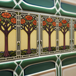 Tree of Life Abstract Yellow Orange Mid-Century Tile
