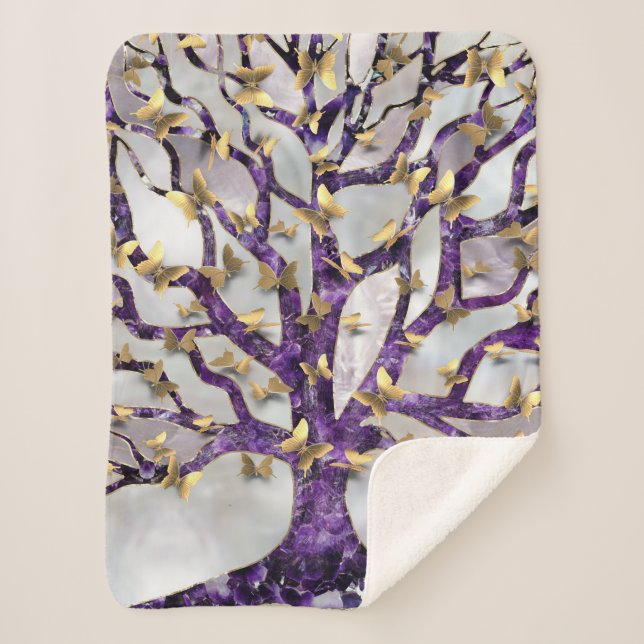 Tree of Life - Amethyst and Butterflies Sherpa Blanket (Front)