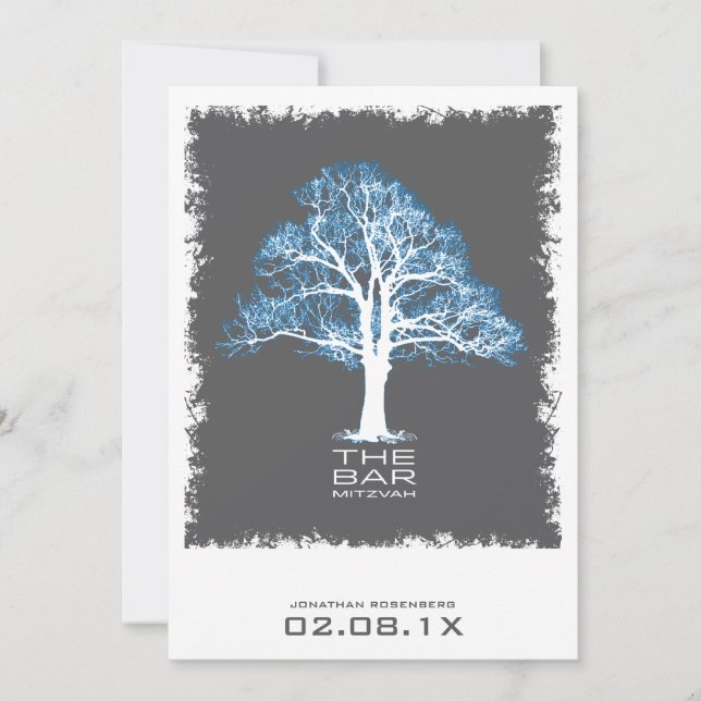 Tree of Life Bar Mitzvah Invitation Grey and Blue (Front)
