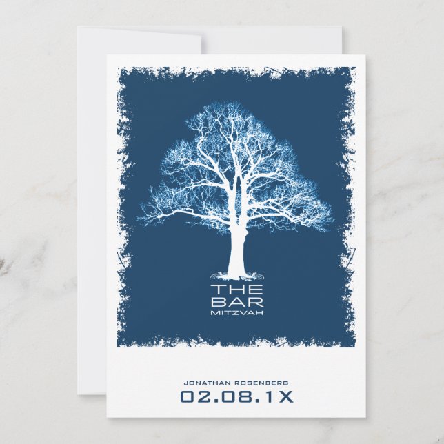 Tree of Life Bar Mitzvah Invitation Navy Blue (Front)
