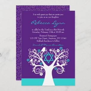 Tree of Life Birds Purple Teal Bat Mitzvah Invitation