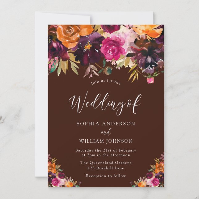 Tree of Life: Burgundy Autumn Floral Fall Wedding Invitation (Front)