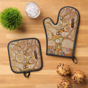 Tree of Life by Gustav Klimt, Stylised Art Nouveau Oven Mitt & Pot Holder Set