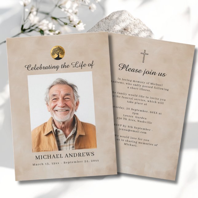 Tree of Life - Celebration of Life Funeral Photo  Invitation (Tree of Life - Celebration of Life  Funeral Photo Cross Beige Invitation)