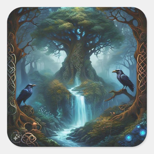 Tree of Life Celtic Knotwork Ravens Square Sticker (Front)