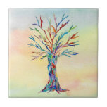 Tree of Life Colourful Ceramic Tile<br><div class="desc">This decorative tile features a unique Tree of Life design on a watercolor background.
It was originally made in mosaic using tiny pieces of brightly coloured glass.
Because we create our artwork you won't find this exact image from other designers.
Original Mosaic and Watercolor © Michele Davies.</div>