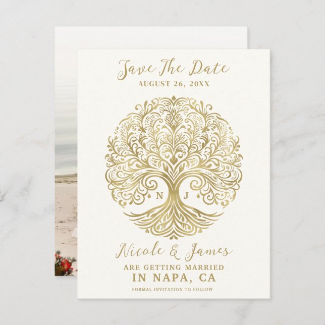 Tree of Life Cream & Gold Celtic Save the Date Invitation (Front/Back)
