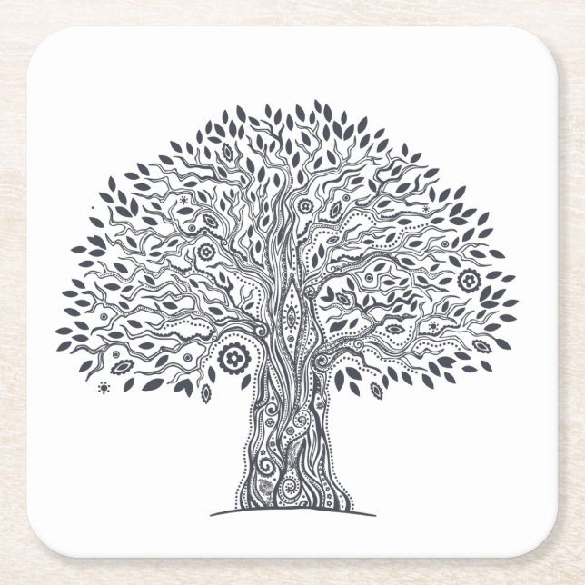 Tree Of Life Doodle Square Paper Coaster (Front)