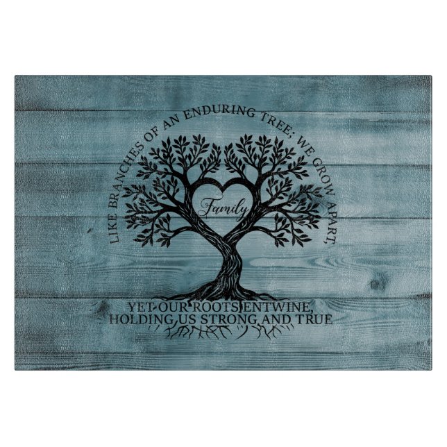 Tree of Life Family Glass Cutting Board on Blue (Front)