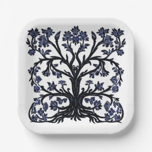 Tree of Life Floral #2 Cobalt Blue and White   Paper Plate