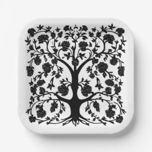 Tree of Life Floral #5 Black and White Paper Plate