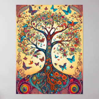 Tree of Life Folk Art Butterfly Illustration Poster