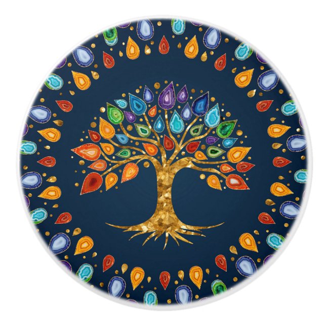 Tree of life - Geode Agate Leaves Ceramic Knob (Front)