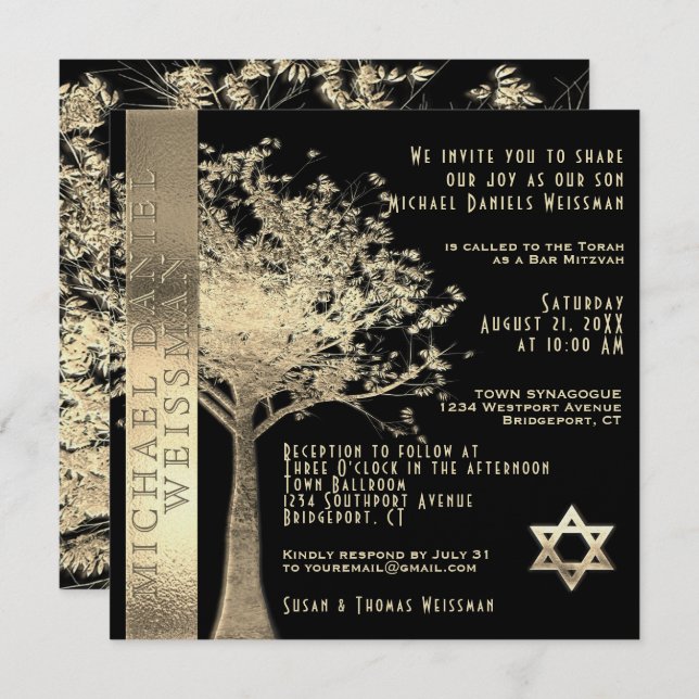 Tree of Life Gold and Black Bar Mitzvah Invitation (Front/Back)