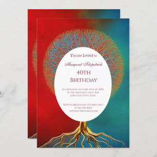 Tree of life gold red teal any age Birthday Party Invitation