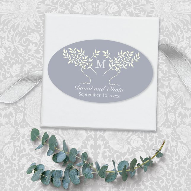 Tree of Life Grey Monogram Wedding Oval Sticker (Creator Uploaded)