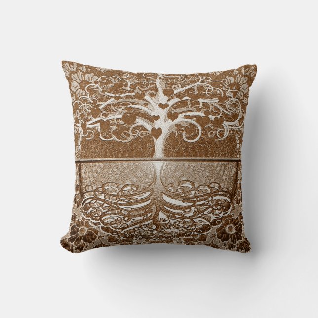 Tree of Life Hearts in Brown by Amelia Carrie Cushion (Front)