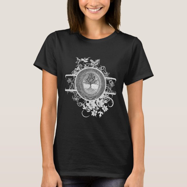 Tree of Life in Black and White with Flowers T-Shirt (Front)