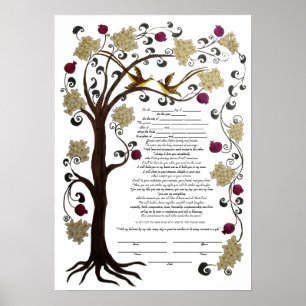 Tree of Life Ketubah & pomegranates, portrait (sw) Poster