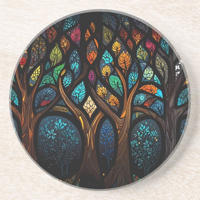 Tree of Life Mosaic Coloured leaves Stained Glass  Coaster (Front)