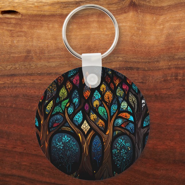 Tree of Life Mosaic Coloured leaves Stained Glass  Key Ring (Back)