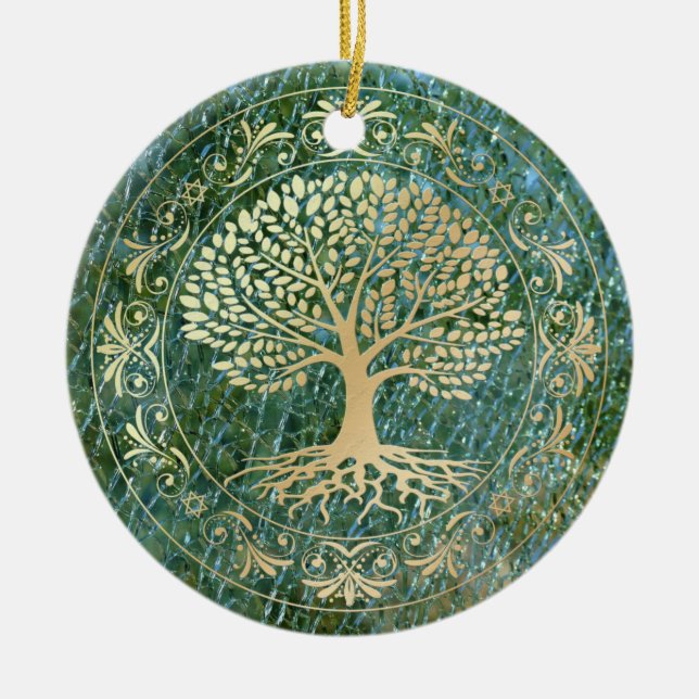Tree of Life on Green Mosaic Glass Background Ceramic Tree Decoration (Front)