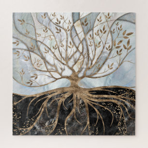 Tree of Life - Pearl, Gold and Black Marble Jigsaw Puzzle