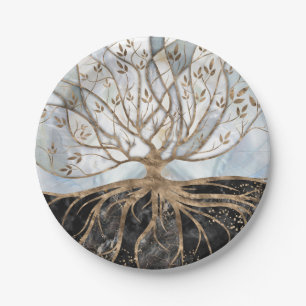 Tree of Life - Pearl, Gold and Black Marble Paper Plate