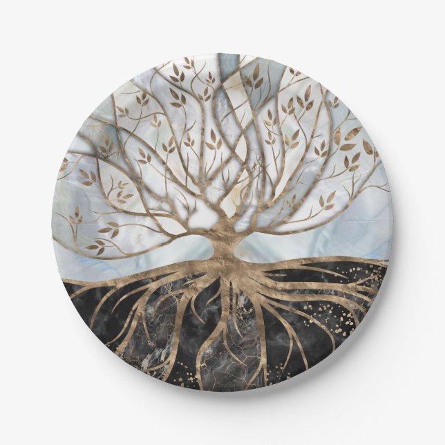 Tree of Life - Pearl, Gold and Black Marble Paper Plate (Front)