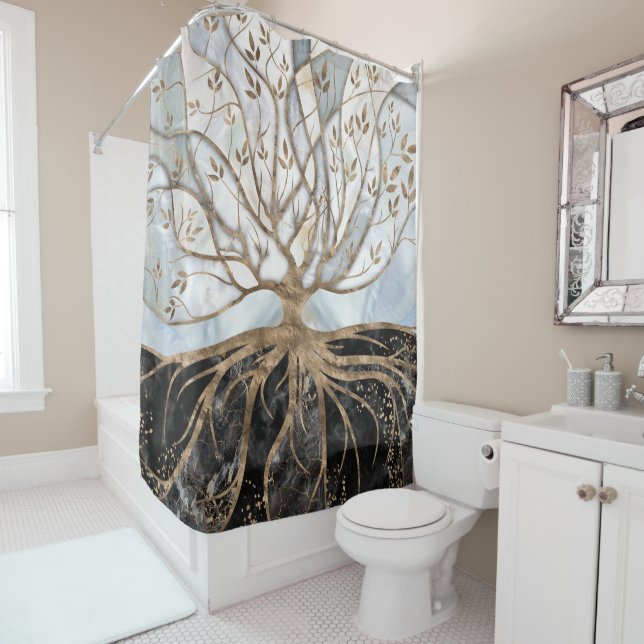 Tree of Life - Pearl, Gold and Black Marble Shower Curtain (In Situ)