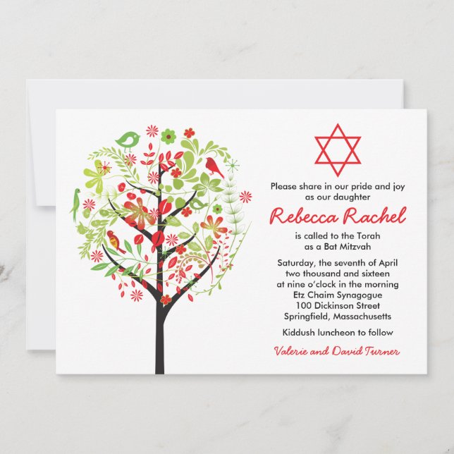 Tree of Life Red Green Bat Mitzvah Invitation (Front)