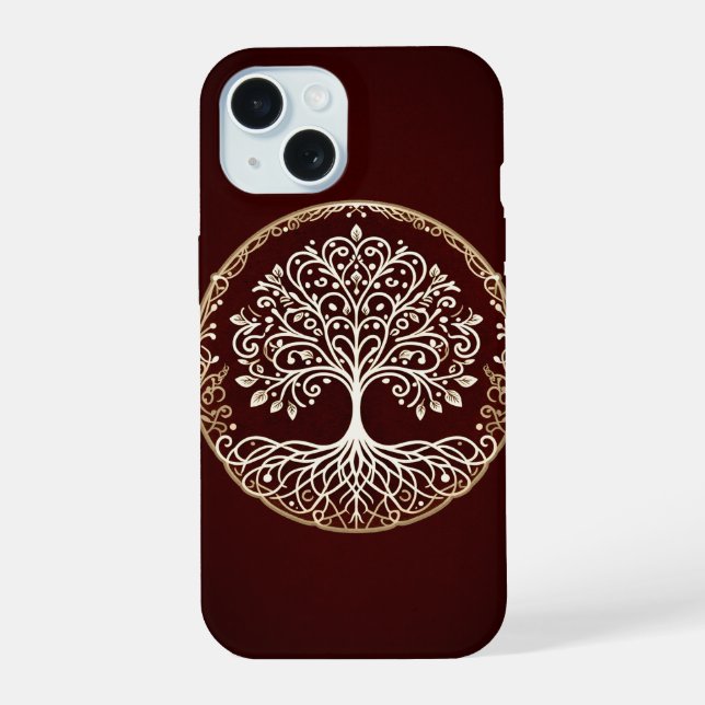 Tree of Life Rustic Dark Red Celtic iPhone 15 Case (Back)