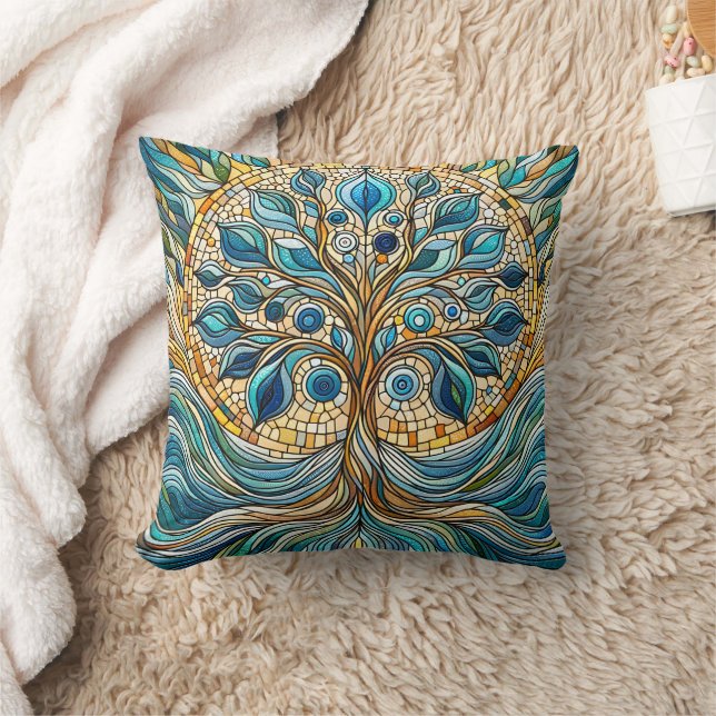 Tree of Life Shattered Glass Mosaic Aqua Blues  Cushion (Blanket)
