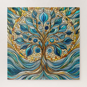 Tree of Life Shattered Glass Mosaic Aqua Blues  Jigsaw Puzzle