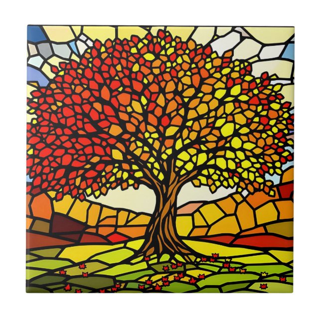 Tree of Life Shattered Glass Mosaic Autumn Colors  Tile (Front)