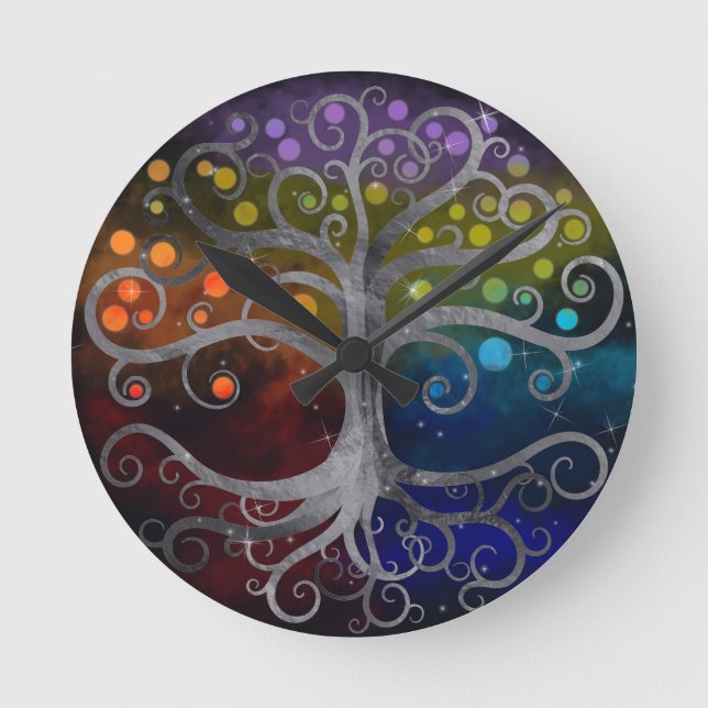 Tree of life Silver Swirl Round Clock (Front)