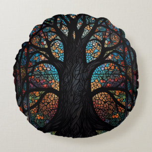 Tree Of Life Stained Glass Mosaic Art Round Cushion