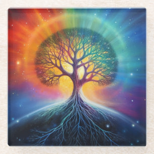 Tree Of Life Surreal Rainbow Art Glass Coaster