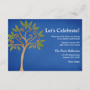 Tree of Life Swirls Blue Bar Mitzvah Reception Invitation