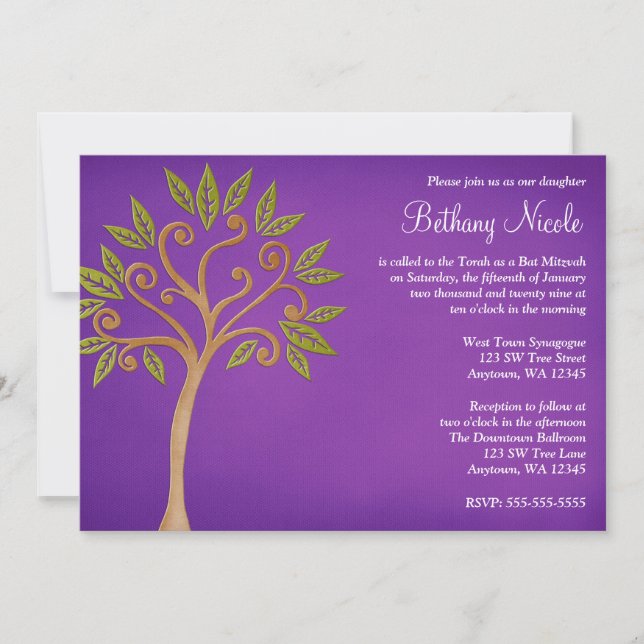 Tree of Life Swirls Purple Bat Mitzvah Invitations (Front)