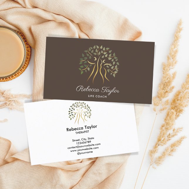 tree of life therapist life coach fitness health business card (tree of life with man and woman)