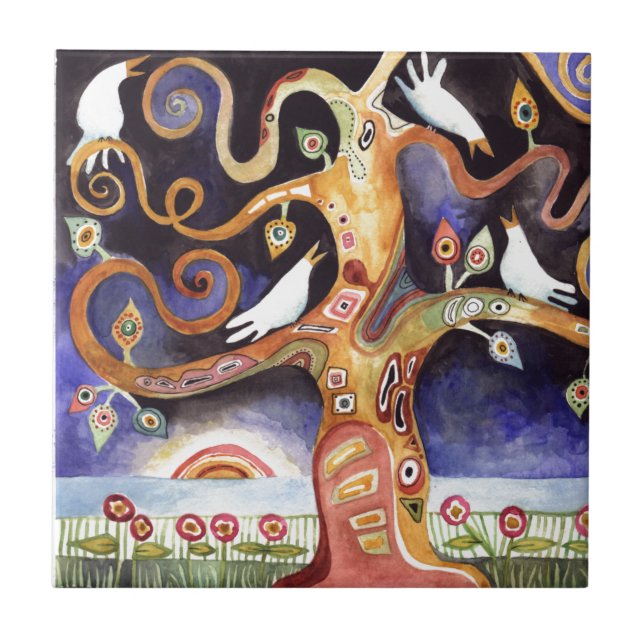 TREE OF LIFE Watercolor Doves Tile (Front)